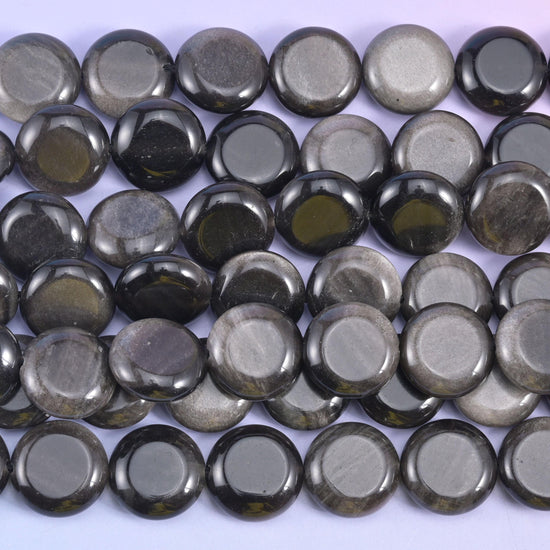 Silver Obsidian Smooth Coin Beads Size 15mm Jewelry Making 15 Inch Strand