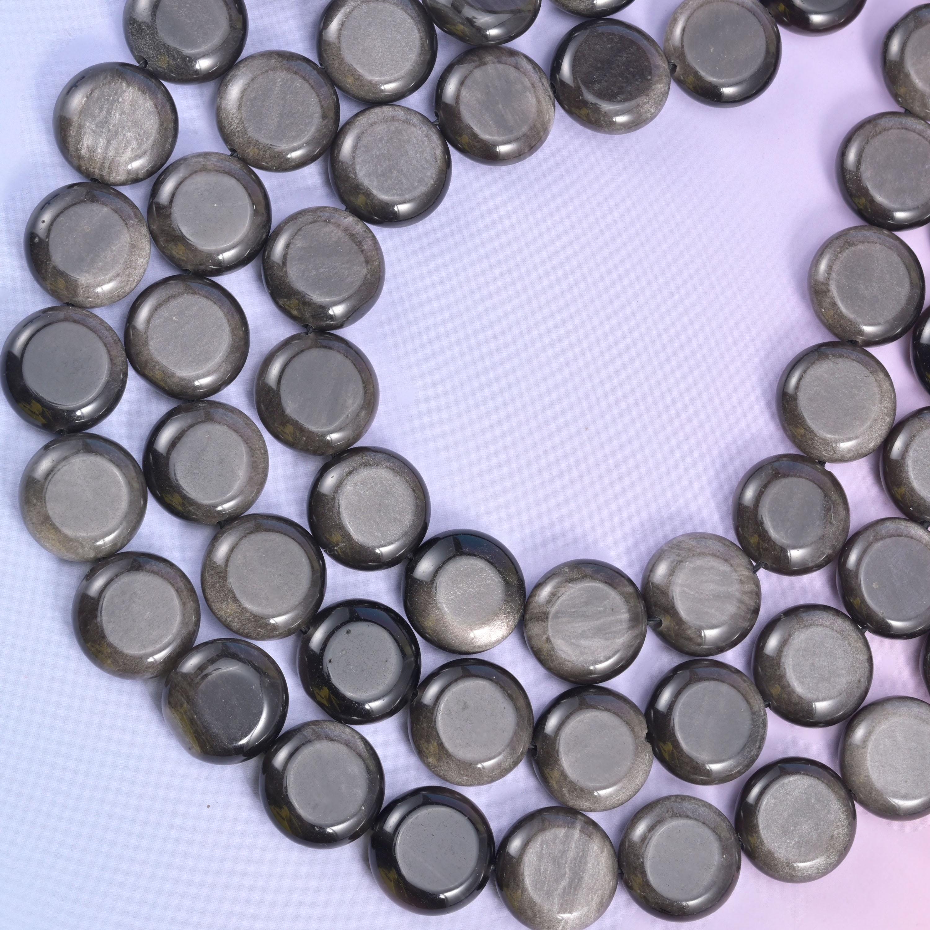 Silver Obsidian Smooth Coin Beads Size 15mm Jewelry Making 15 Inch Strand