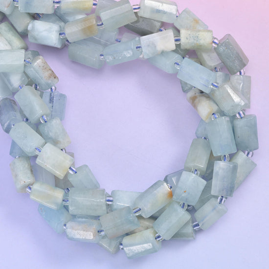 Blue Aquamarine Faceted Tube Beads Size 12x8mm Jewelry Making 15.5 Inch Strand