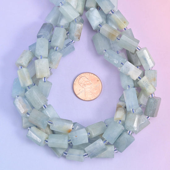 Blue Aquamarine Faceted Tube Beads Size 12x8mm Jewelry Making 15.5 Inch Strand