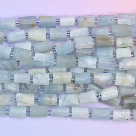 Blue Aquamarine Faceted Tube Beads Size 12x8mm Jewelry Making 15.5 Inch Strand