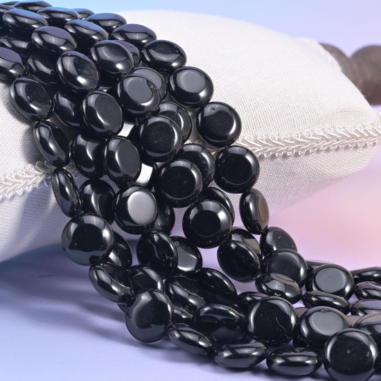 Black Obsidian Smooth Coin Beads Size 15mm Jewelry Making 15 Inch Strand