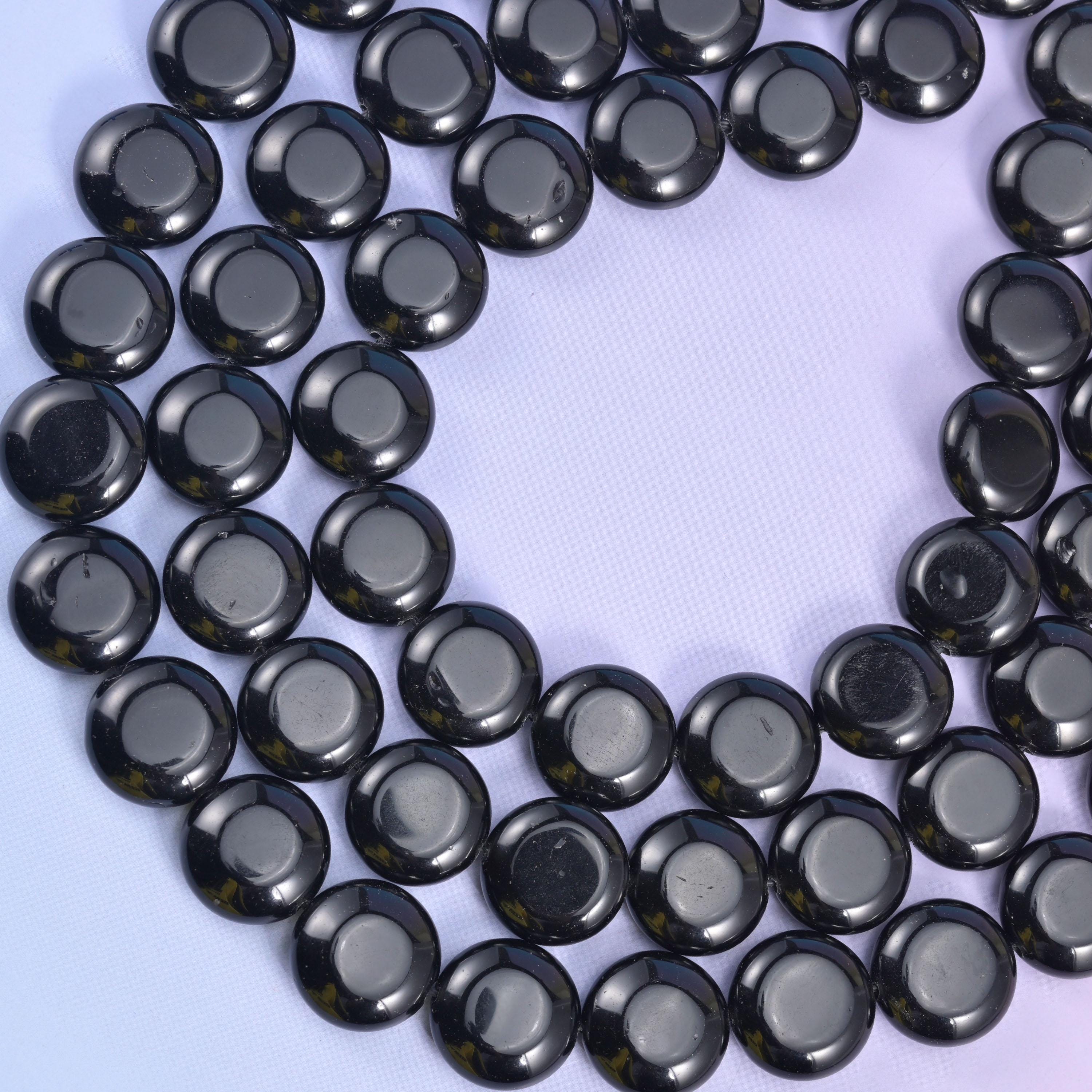Black Obsidian Smooth Coin Beads Size 15mm Jewelry Making 15 Inch Strand