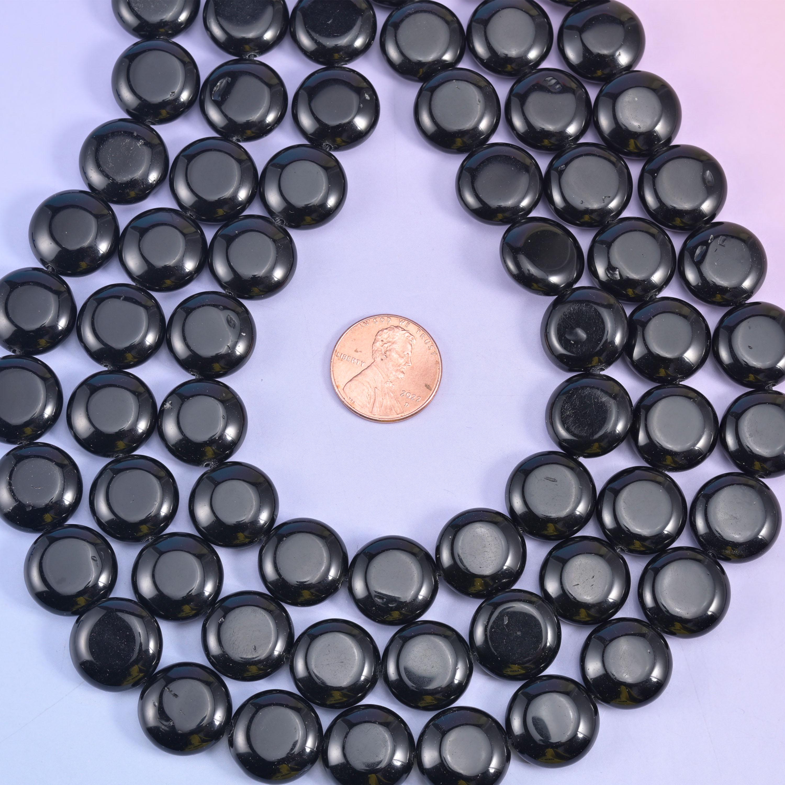Black Obsidian Smooth Coin Beads Size 15mm Jewelry Making 15 Inch Strand