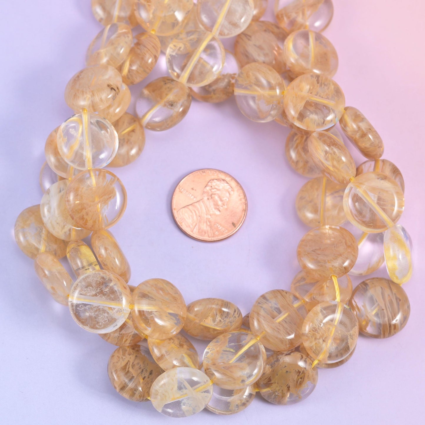 Yellow Watermelon Quartz Smooth Coin Beads Size 15mm Jewelry Making 15 Inch Strand