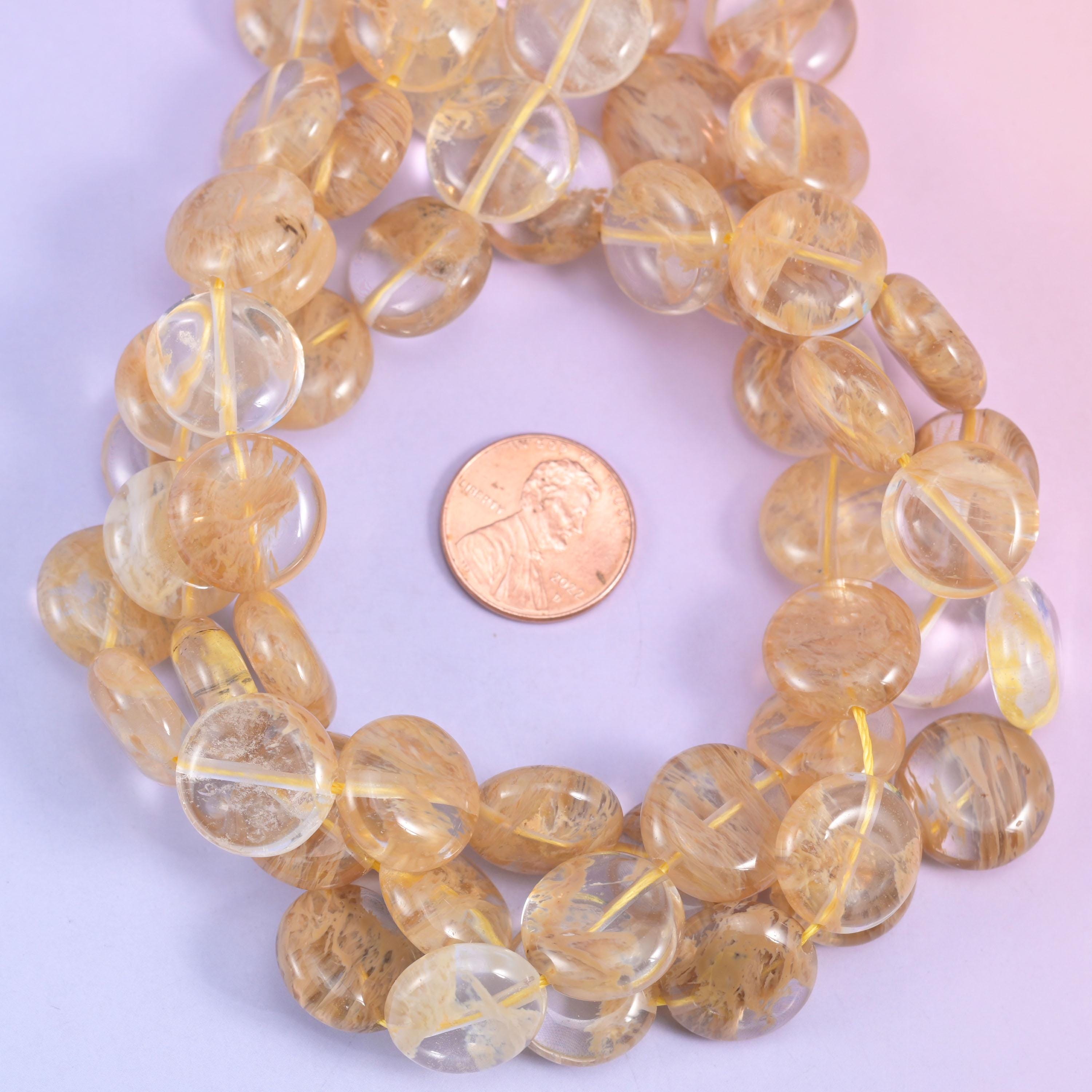 Yellow Watermelon Quartz Smooth Coin Beads Size 15mm Jewelry Making 15 Inch Strand