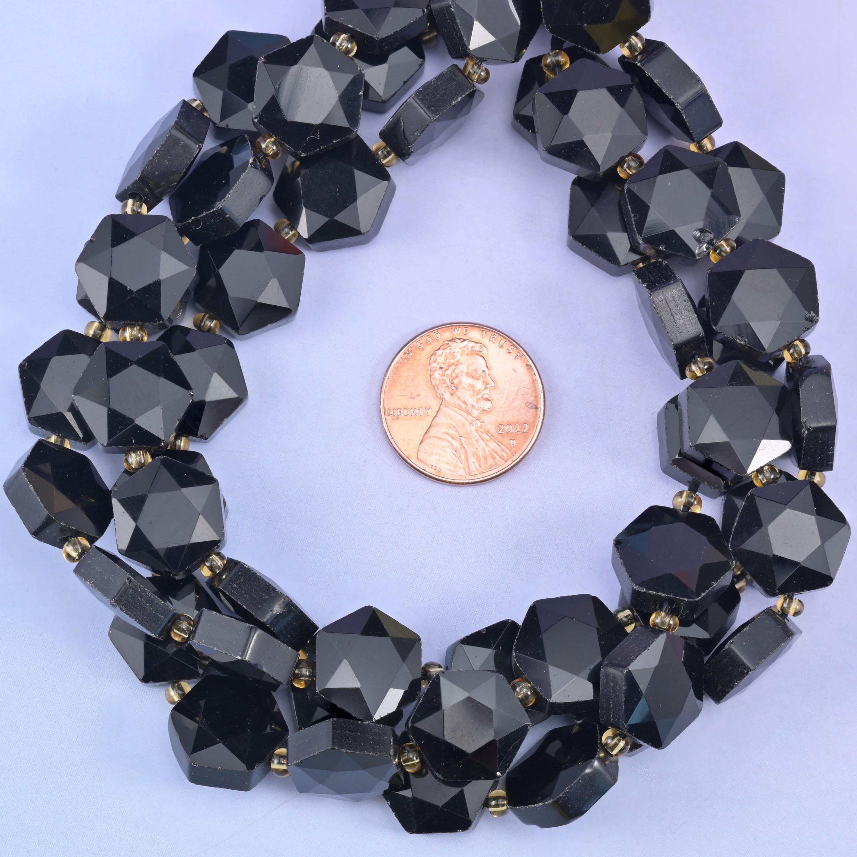 Black Obsidian Flat Faceted Hexagon Beads Size 12mm Jewelry Making 15.5 Inch Strand