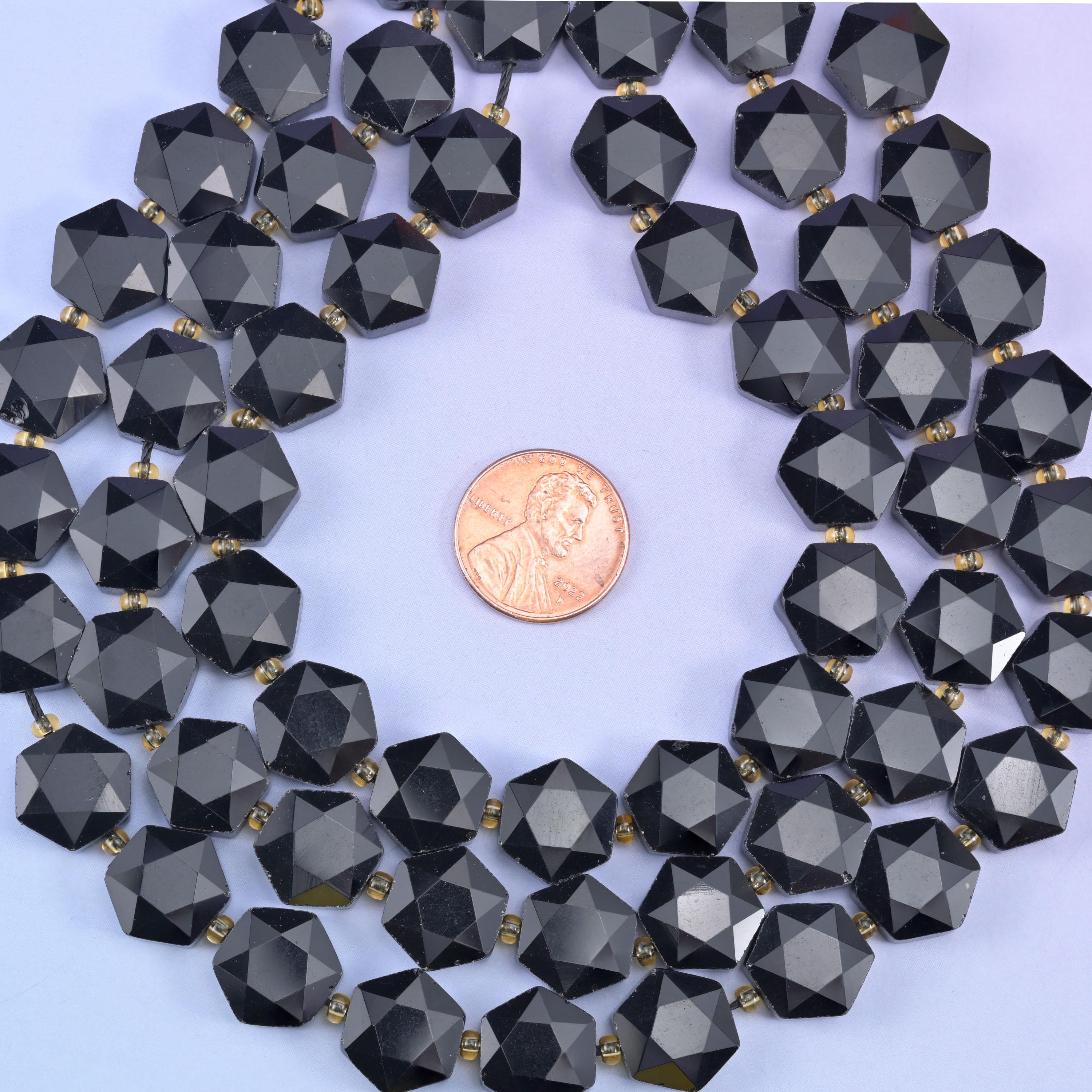 Black Obsidian Flat Faceted Hexagon Beads Size 12mm Jewelry Making 15.5 Inch Strand