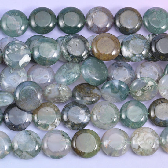 Moss Agate Smooth Coin Beads Size 15mm Jewelry Making 15 Inch Strand