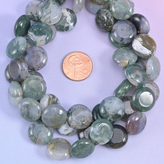 Moss Agate Smooth Coin Beads Size 15mm Jewelry Making 15 Inch Strand
