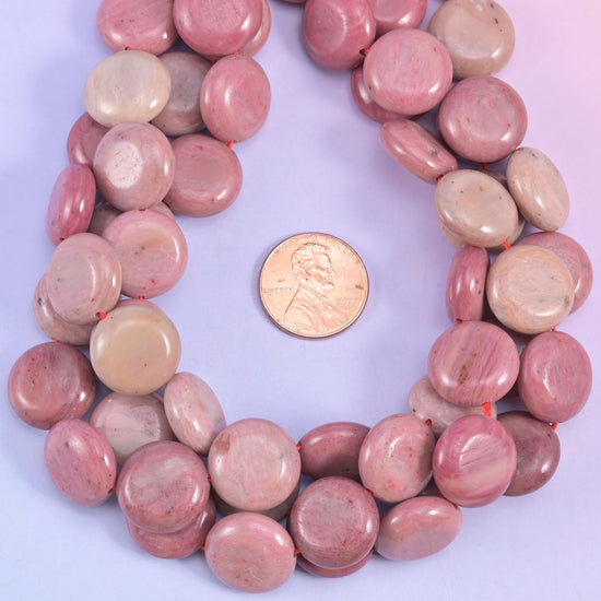 Pink Rhodonite Smooth Coin Beads Size 15mm Jewelry Making 15 Inch Strand