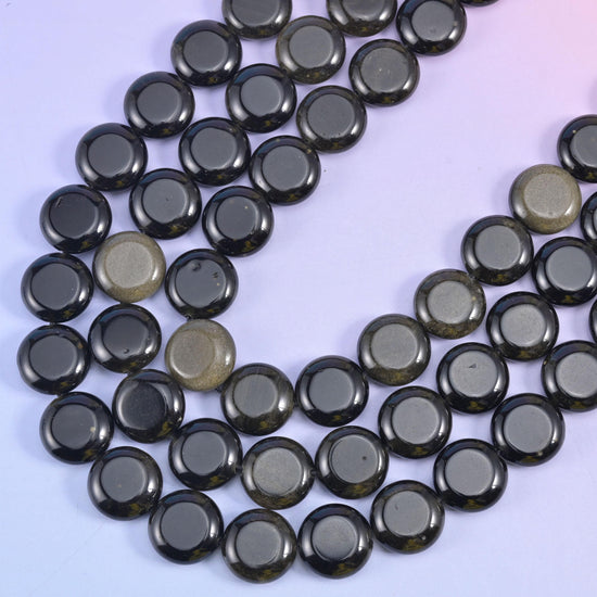 Gold Obsidian Smooth Coin Beads Size 15mm Jewelry Making 15 Inch Strand