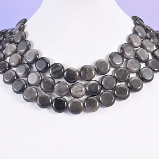 Silver Obsidian Smooth Coin Beads Size 15mm Jewelry Making 15 Inch Strand