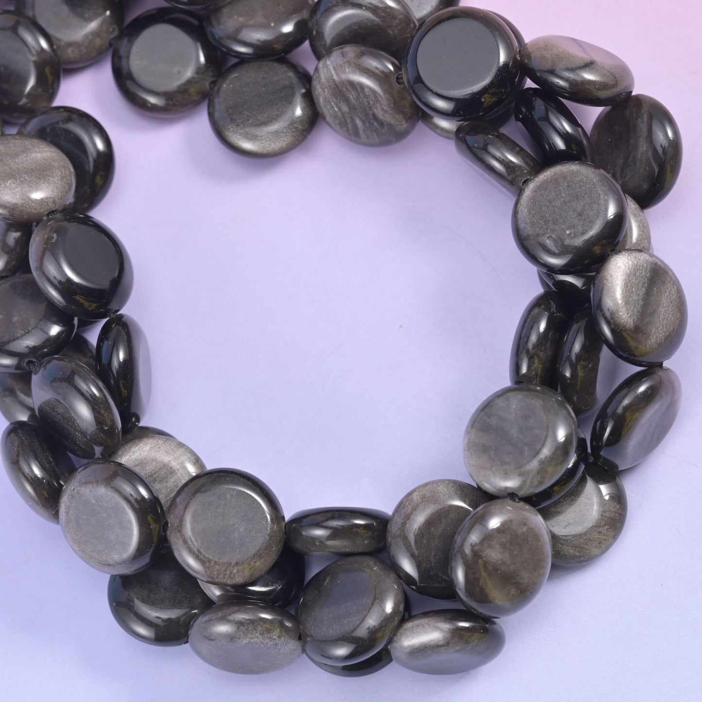 Silver Obsidian Smooth Coin Beads Size 15mm Jewelry Making 15 Inch Strand