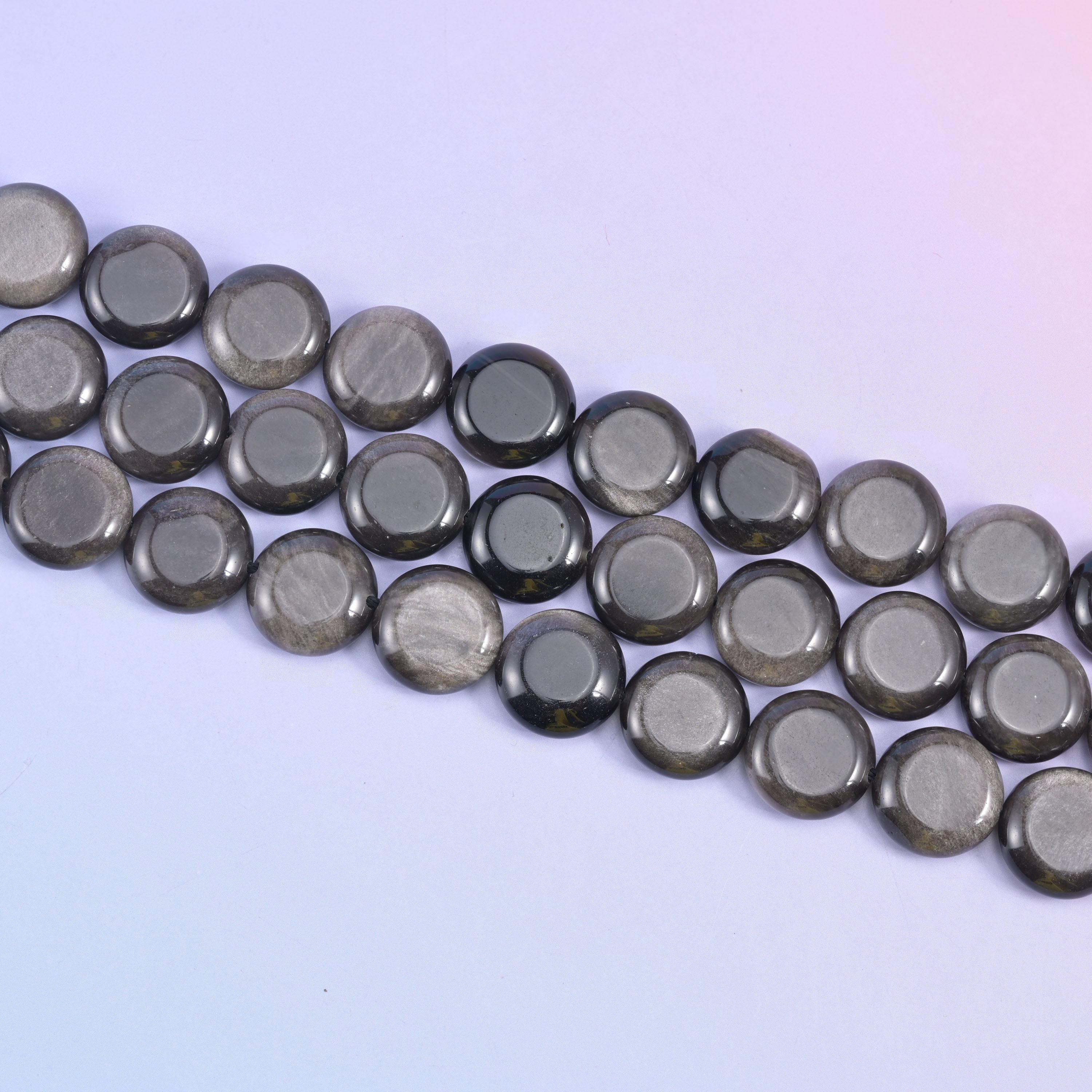 Silver Obsidian Smooth Coin Beads Size 15mm Jewelry Making 15 Inch Strand
