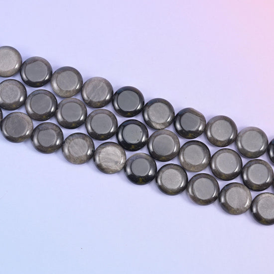 Silver Obsidian Smooth Coin Beads Size 15mm Jewelry Making 15 Inch Strand