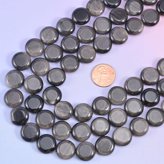 Silver Obsidian Smooth Coin Beads Size 15mm Jewelry Making 15 Inch Strand