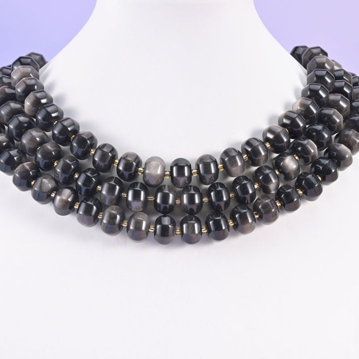 Silver Obsidian Pumpkin Rondelle Beads Jewelry Making Size 12x8mm 15" Strand