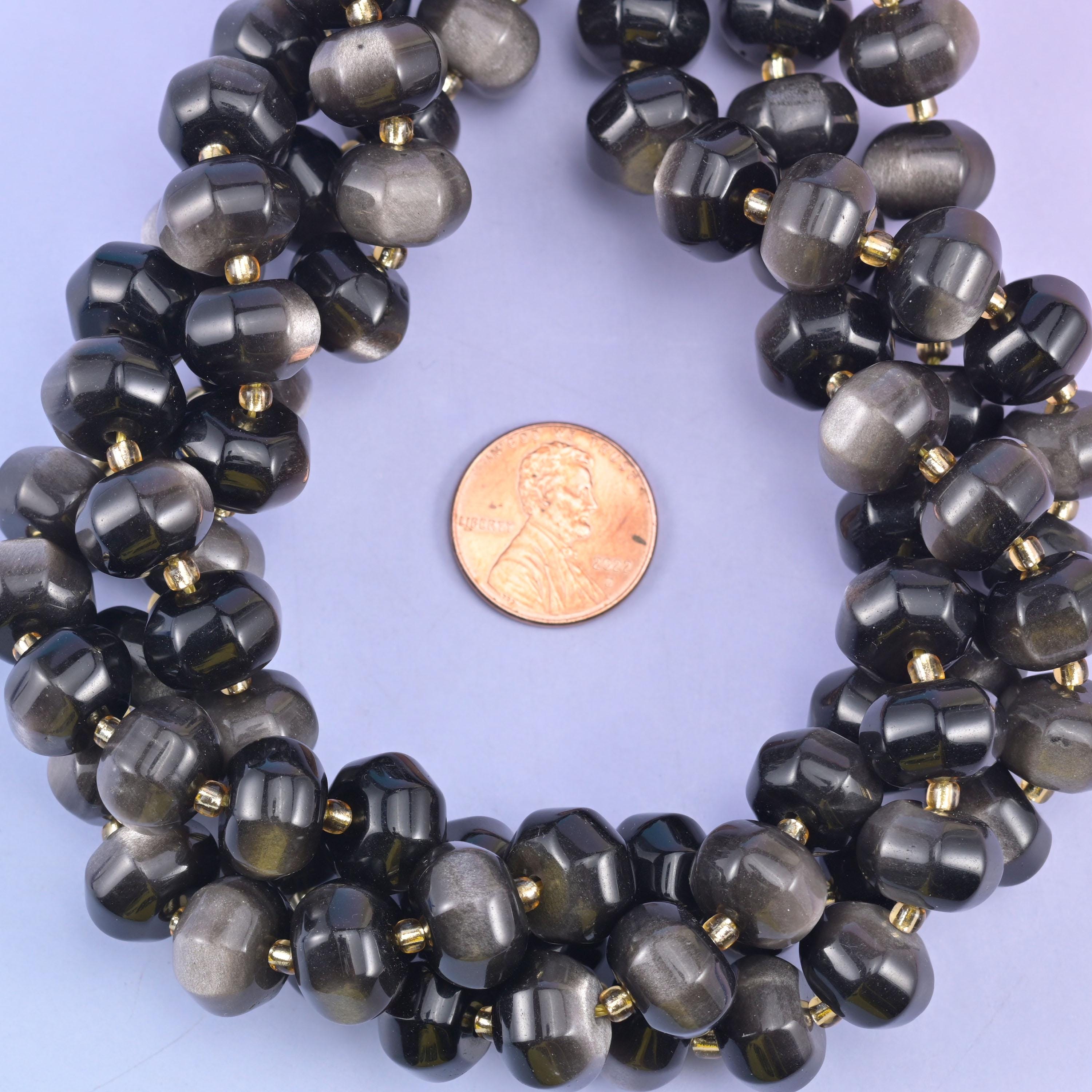 Silver Obsidian Pumpkin Rondelle Beads Jewelry Making Size 12x8mm 15" Strand