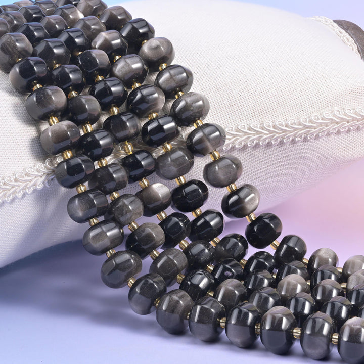 Silver Obsidian Pumpkin Rondelle Beads Jewelry Making Size 12x8mm 15" Strand