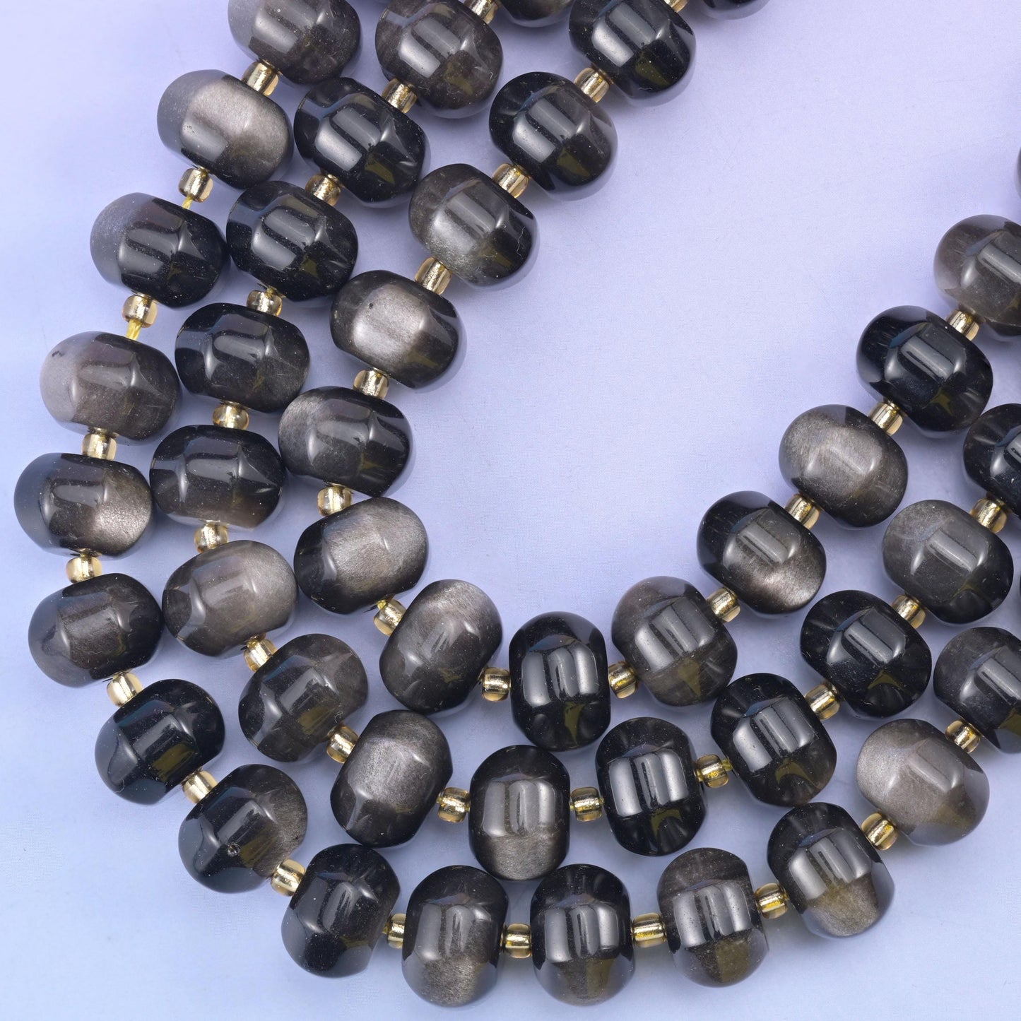 Silver Obsidian Pumpkin Rondelle Beads Jewelry Making Size 12x8mm 15" Strand