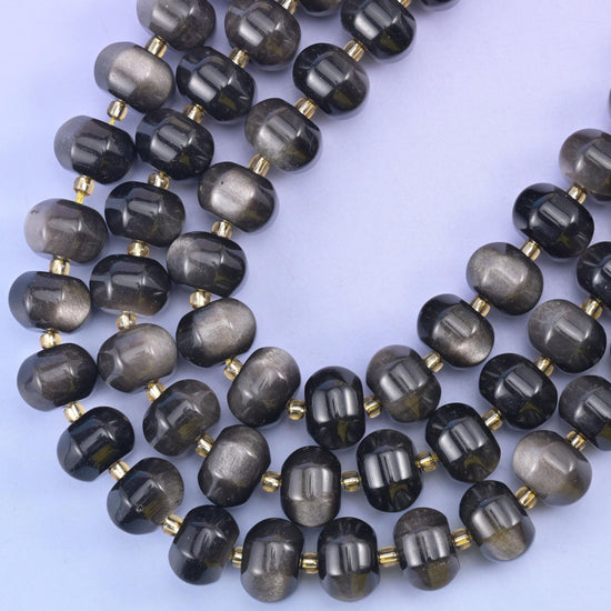 Silver Obsidian Pumpkin Rondelle Beads Jewelry Making Size 12x8mm 15" Strand