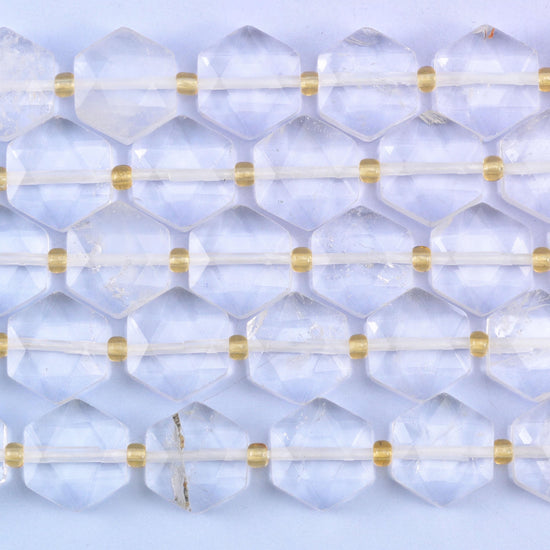 Transparent Clear Quartz Flat Faceted Hexagon Beads Size 12mm Jewelry Making 15.5 Inch Strand
