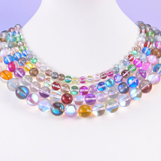 Rainbow Aura Round Glass Beads: Iridescent Jewelry Making Supply, 15 Inch Strand