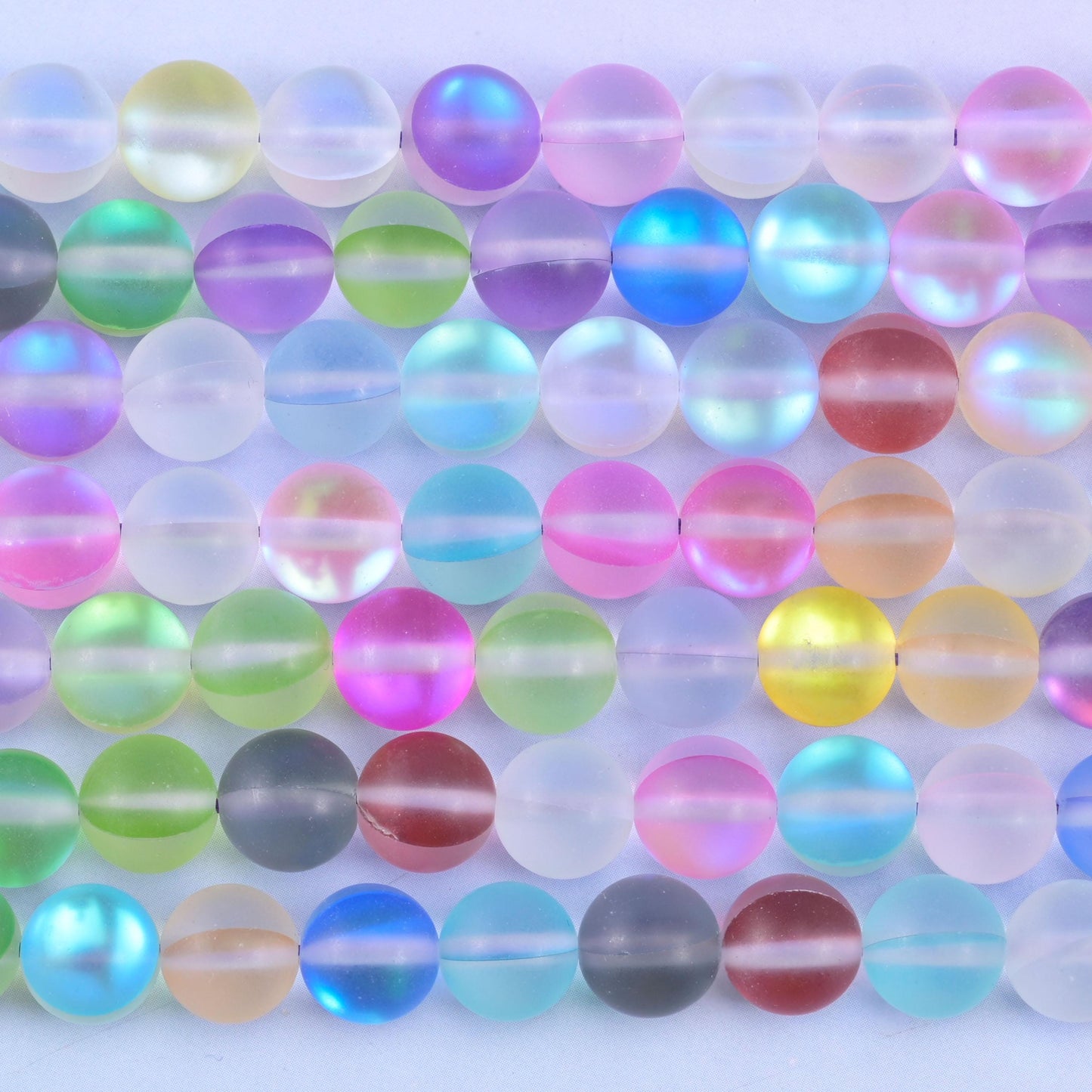 Matte Rainbow Aura Round Glass Beads: Iridescent Jewelry Making Supply, 15 Inch Strand