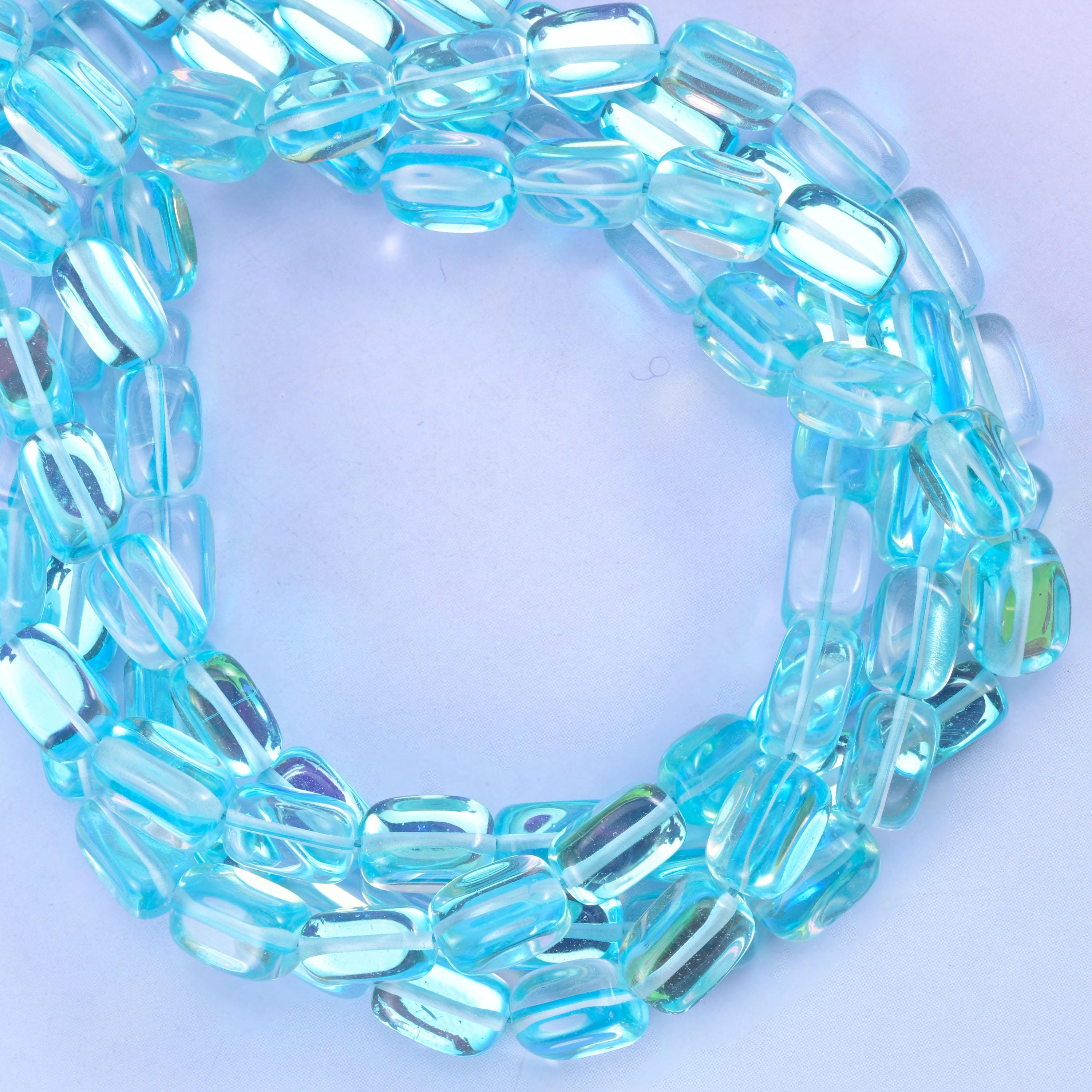Light Blue Mystic Aura Rectangle Glass Beads: Iridescent Jewelry Making Supply, 15 Inch Strand