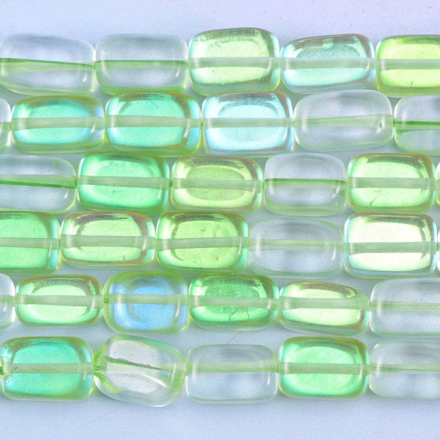 Green Mystic Aura Rectangle Glass Beads: Iridescent Jewelry Making Supply, 15 Inch Strand