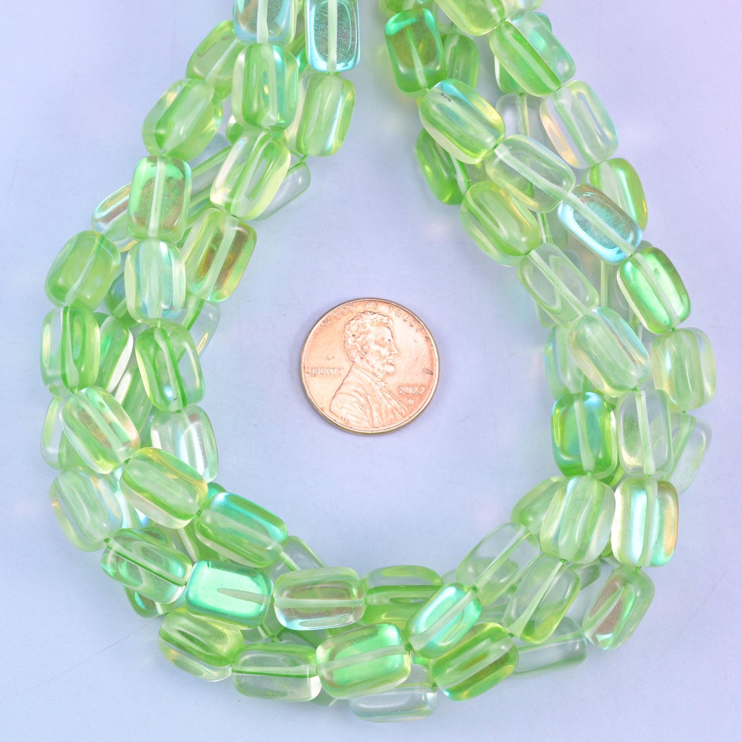 Green Mystic Aura Rectangle Glass Beads: Iridescent Jewelry Making Supply, 15 Inch Strand