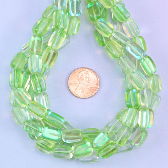 Green Mystic Aura Rectangle Glass Beads: Iridescent Jewelry Making Supply, 15 Inch Strand