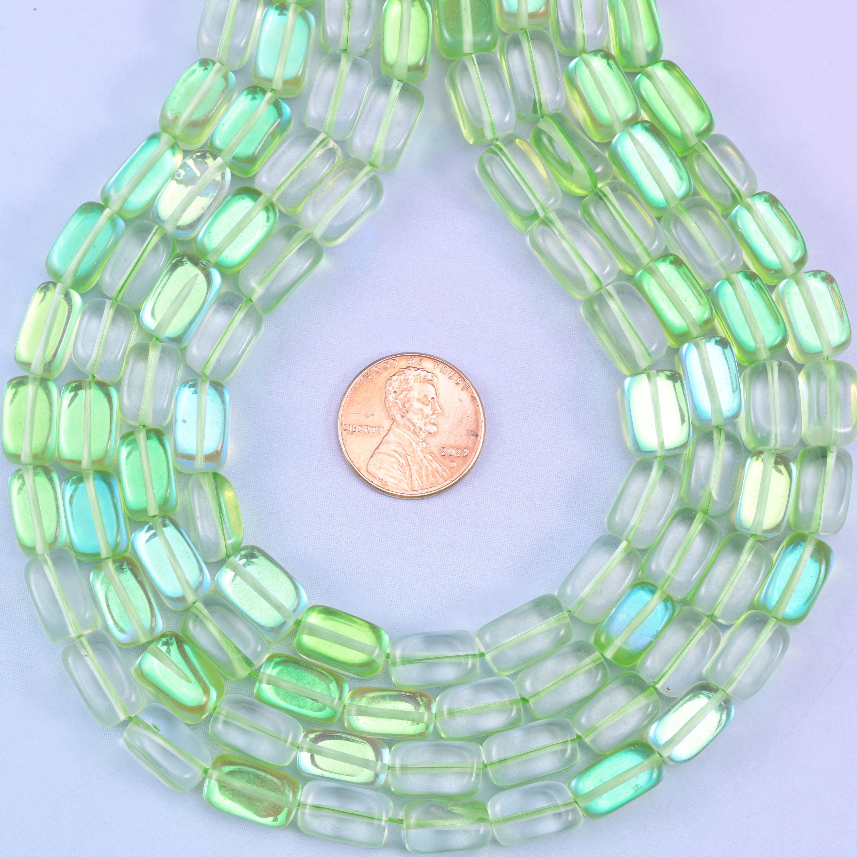 Green Mystic Aura Rectangle Glass Beads: Iridescent Jewelry Making Supply, 15 Inch Strand