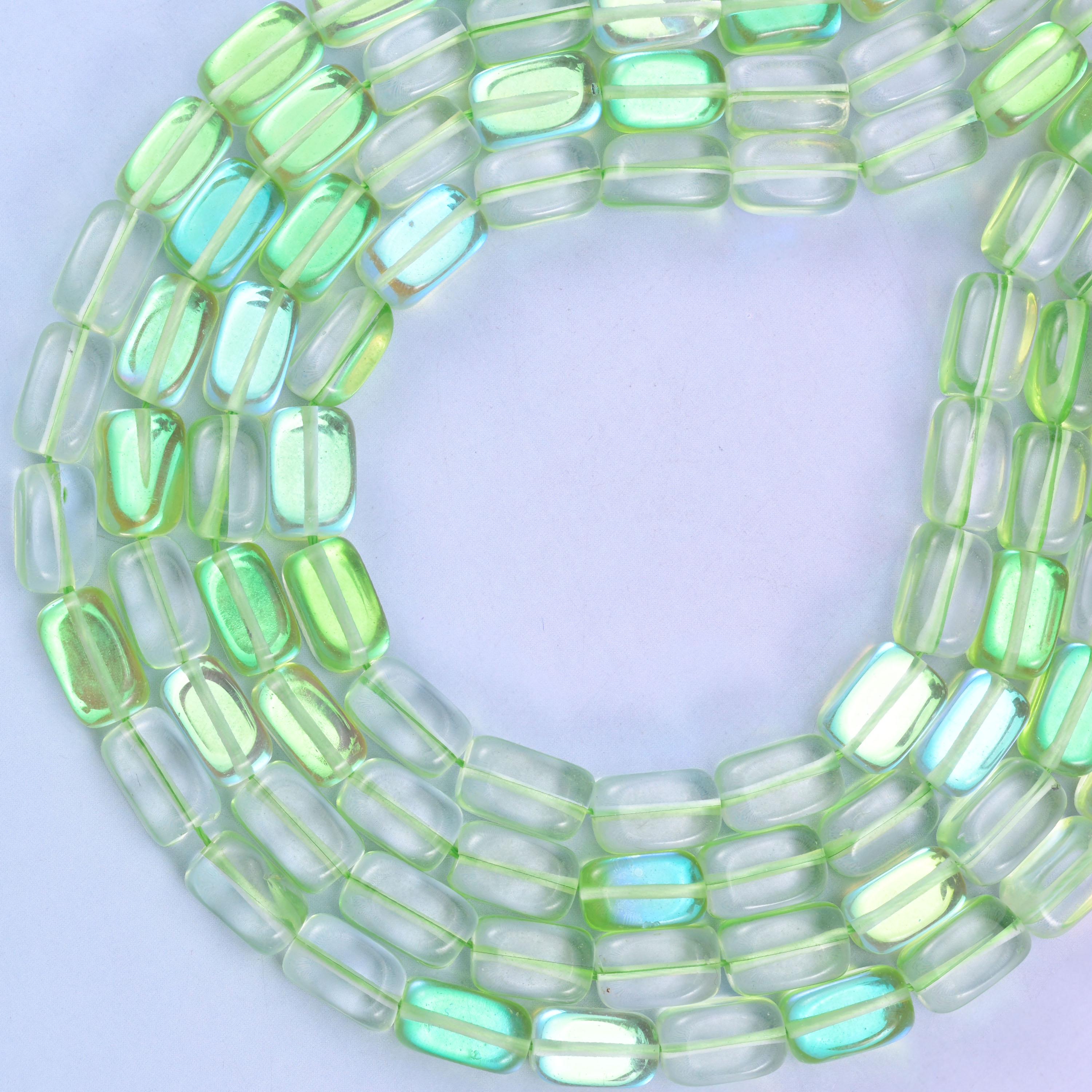 Green Mystic Aura Rectangle Glass Beads: Iridescent Jewelry Making Supply, 15 Inch Strand