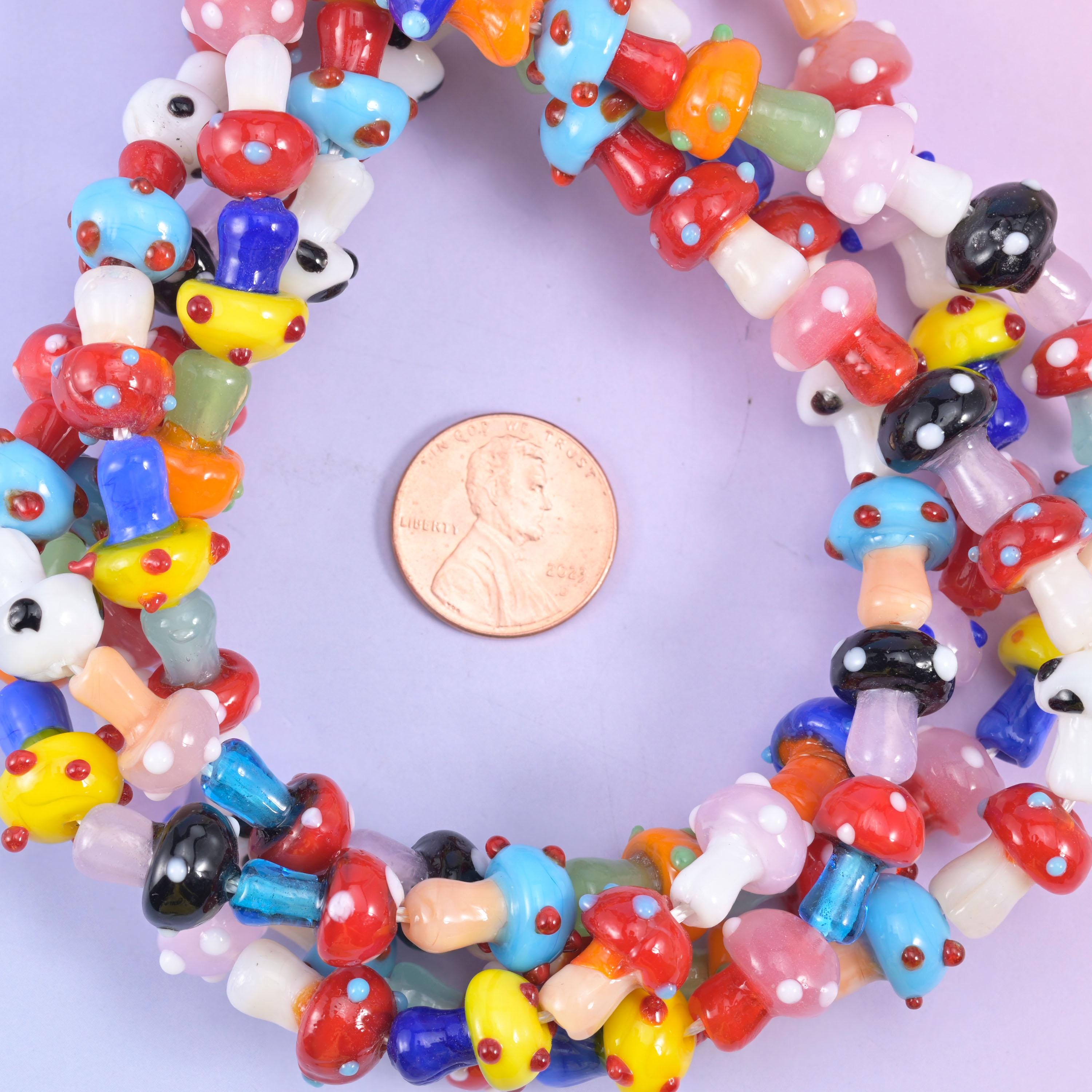 Multi-Color Dotted Mushroom Glass Beads: Sizes Vary, Jewelry Making, 12 Inch Strand