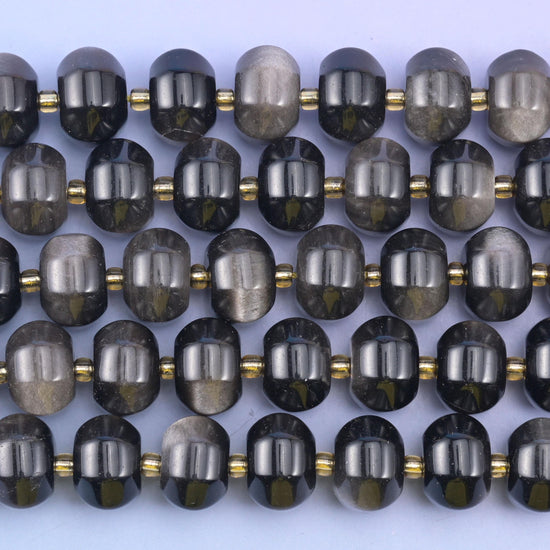 Silver Obsidian Pumpkin Rondelle Beads Jewelry Making Size 12x8mm 15" Strand