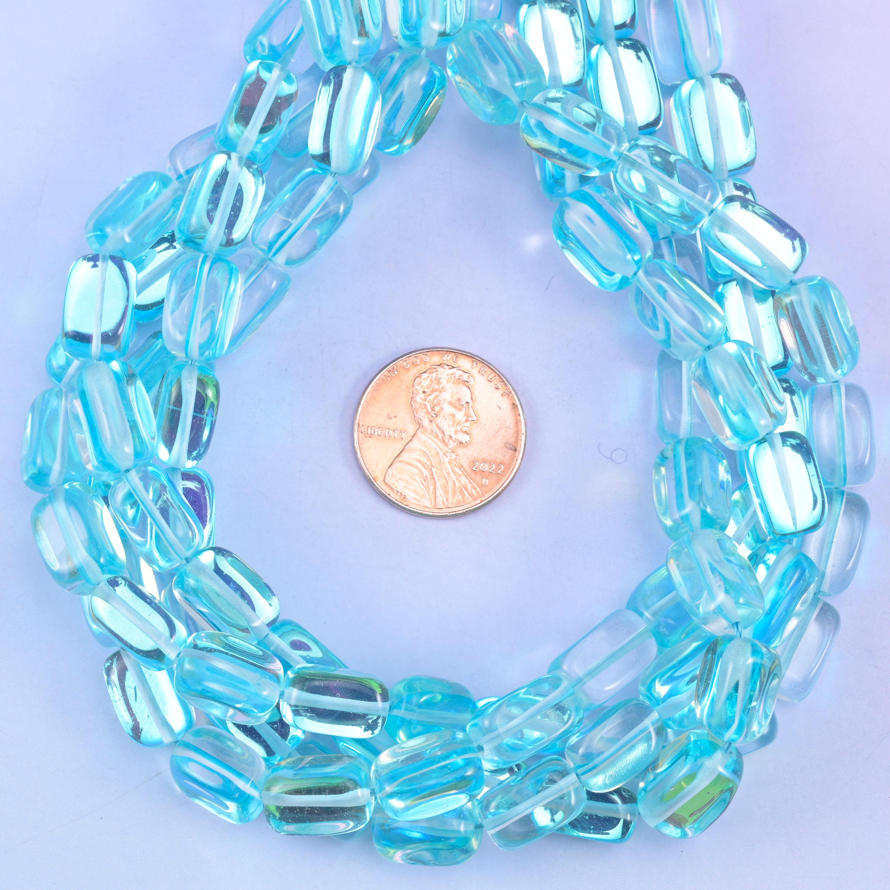Light Blue Mystic Aura Rectangle Glass Beads: Iridescent Jewelry Making Supply, 15 Inch Strand