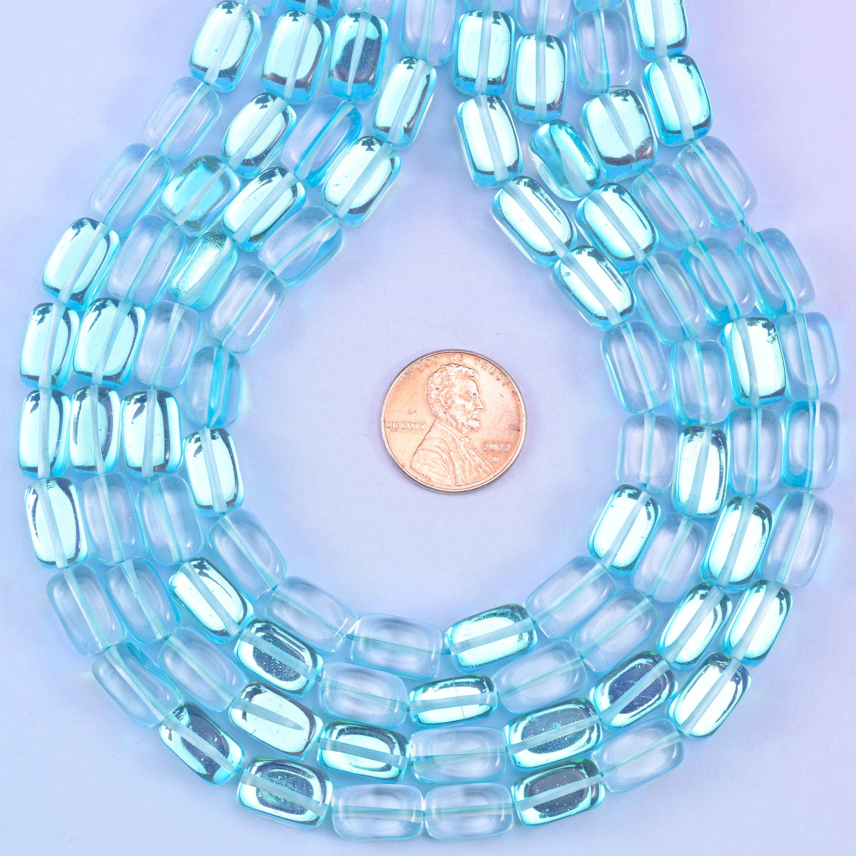 Light Blue Mystic Aura Rectangle Glass Beads: Iridescent Jewelry Making Supply, 15 Inch Strand