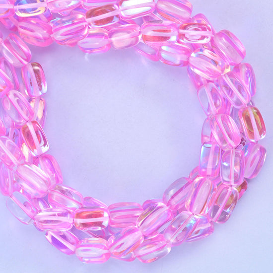 Pink Mystic Aura Rectangle Glass Beads: Iridescent Jewelry Making Supply, 15 Inch Strand
