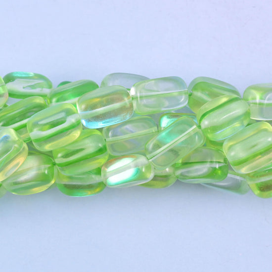 Green Mystic Aura Rectangle Glass Beads: Iridescent Jewelry Making Supply, 15 Inch Strand