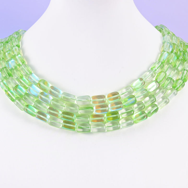 Green Mystic Aura Rectangle Glass Beads: Iridescent Jewelry Making Supply, 15 Inch Strand