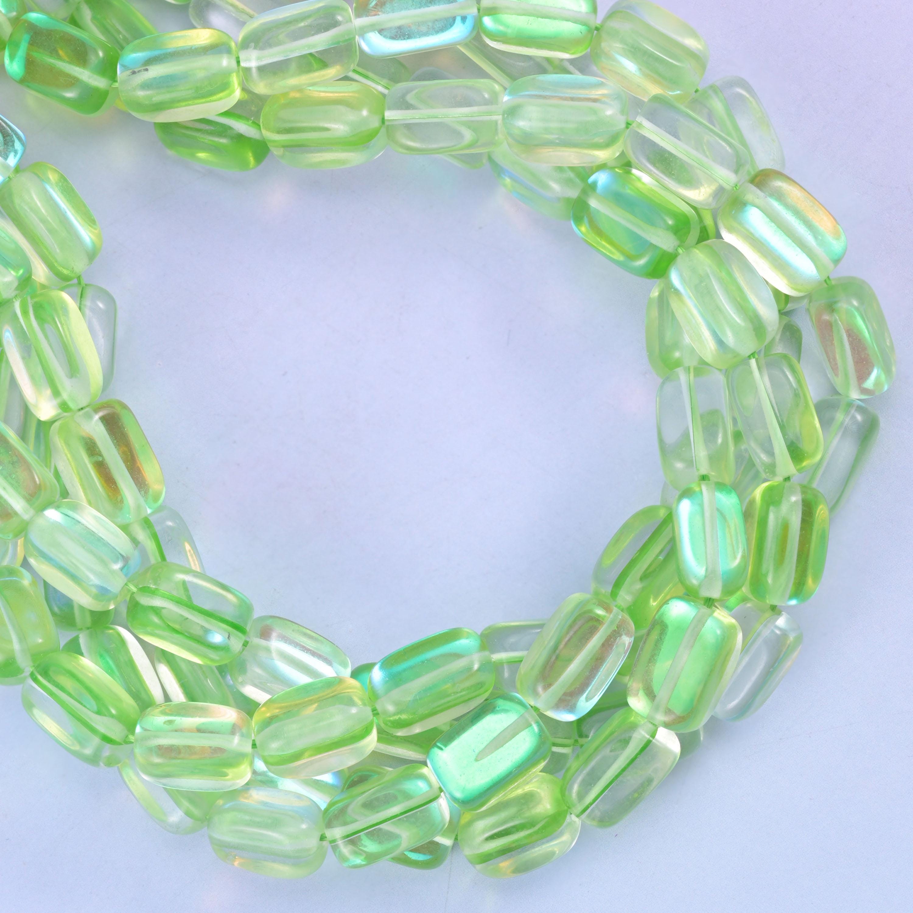Green Mystic Aura Rectangle Glass Beads: Iridescent Jewelry Making Supply, 15 Inch Strand