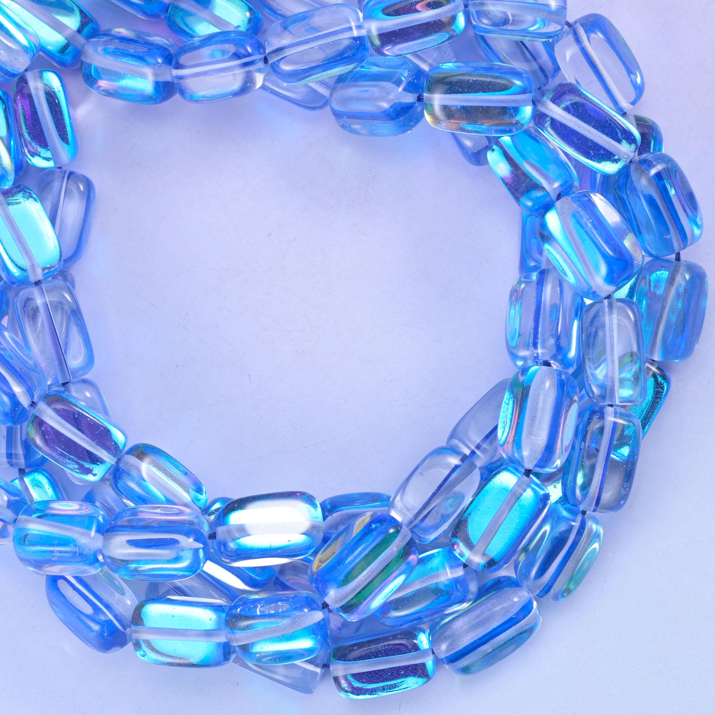 Blue Mystic Aura Rectangle Glass Beads: Iridescent Jewelry Making Supply, 15 Inch Strand