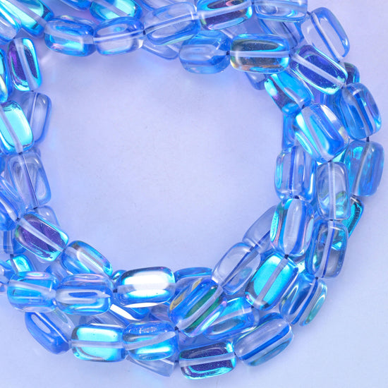 Blue Mystic Aura Rectangle Glass Beads: Iridescent Jewelry Making Supply, 15 Inch Strand