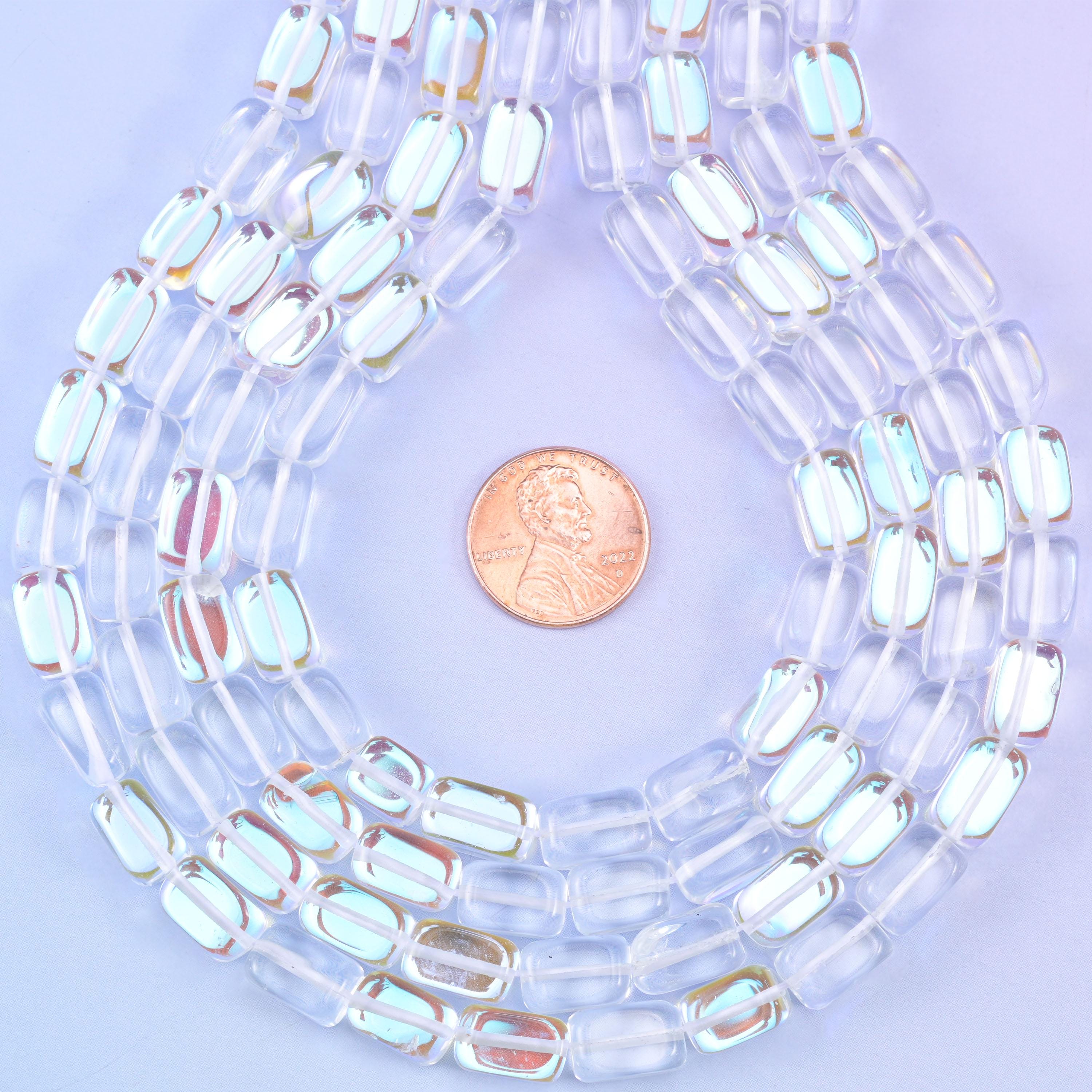 Clear Mystic Aura Rectangle Glass Beads: Iridescent Jewelry Making Supply, 15 Inch Strand