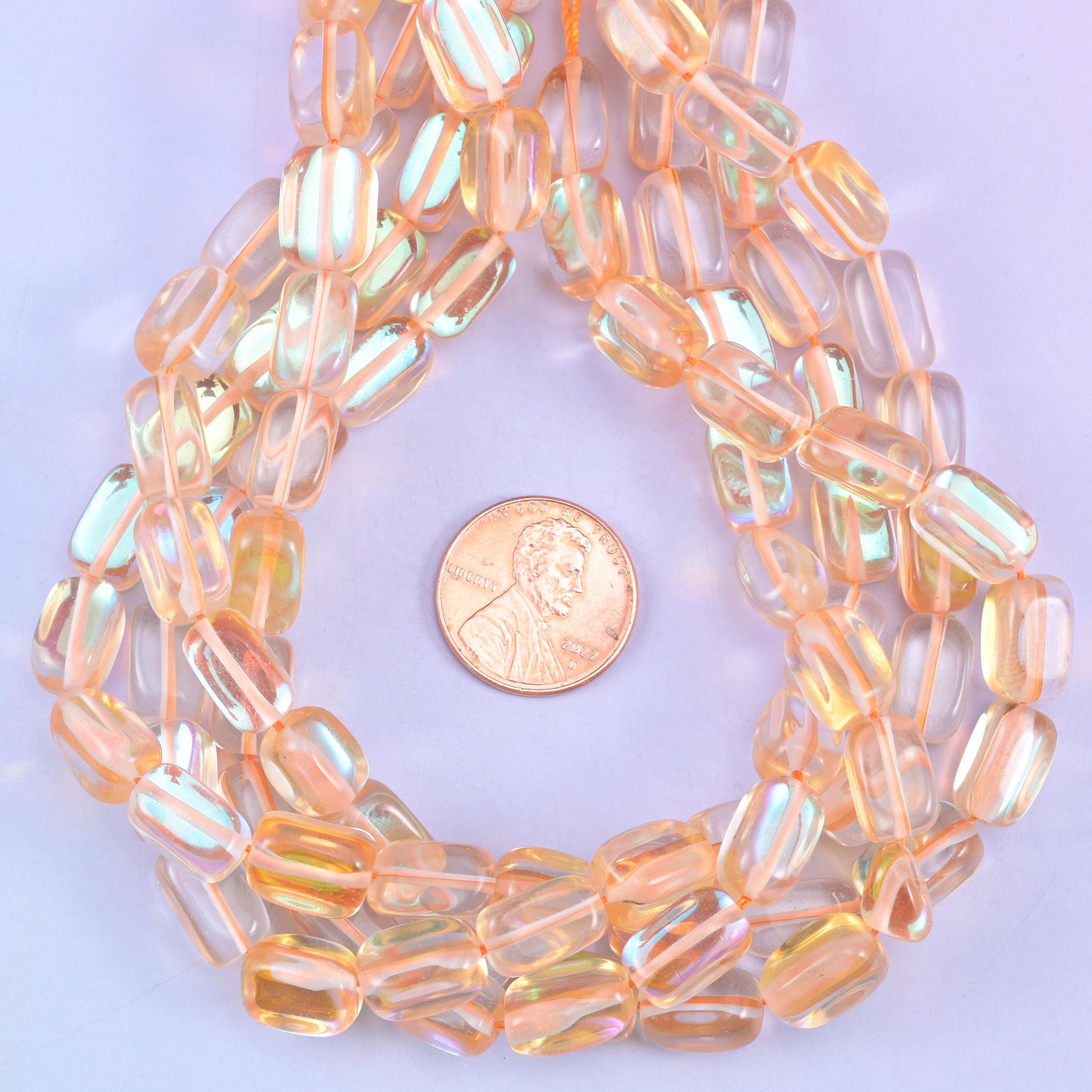 Orange Mystic Aura Rectangle Glass Beads: Iridescent Jewelry Making Supply, 15 Inch Strand