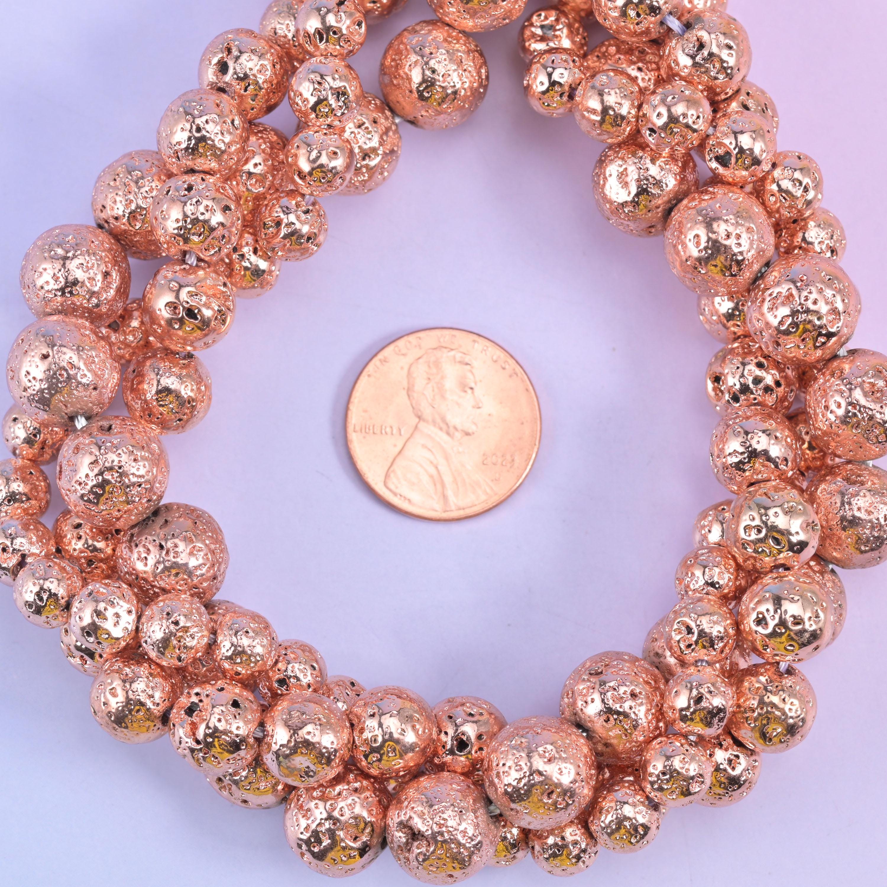 Volcano Rock Lava Beads: Rose Gold Coating, Jewelry Making, 15 Inch Strand