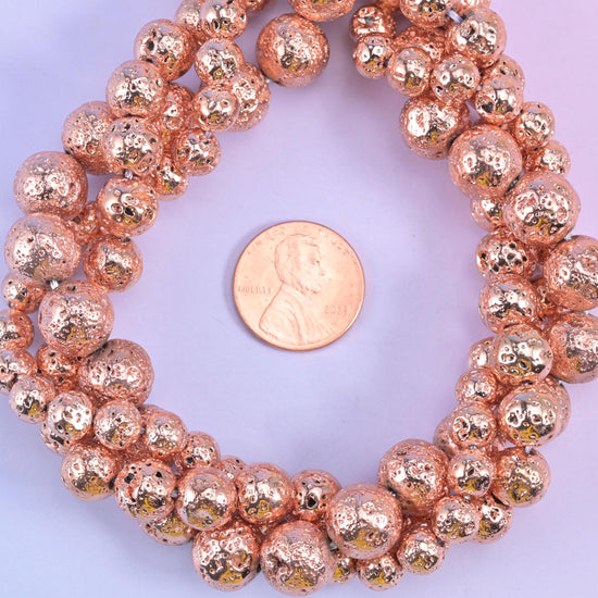 Volcano Rock Lava Beads: Rose Gold Coating, Jewelry Making, 15 Inch Strand