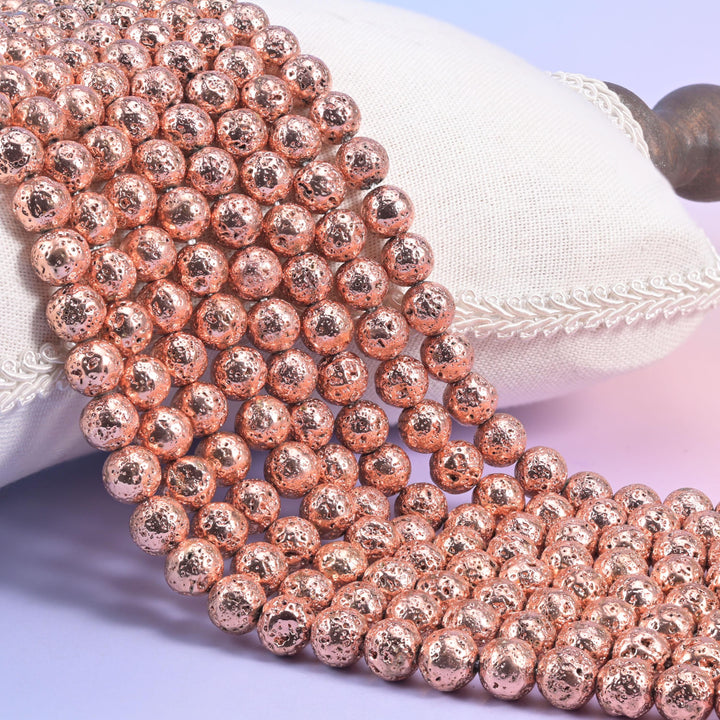 Volcano Rock Lava Beads: Rose Gold Coating, Jewelry Making, 15 Inch Strand